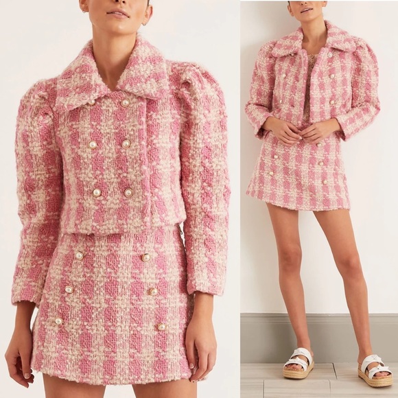 NWT LoveShackFancy Mews Cropped Checked Wool-blend Tweed Jacket Pink Hills 決算特価商品 Wool-Blend Jacket Tweed Fancy 毛皮/ファーコート